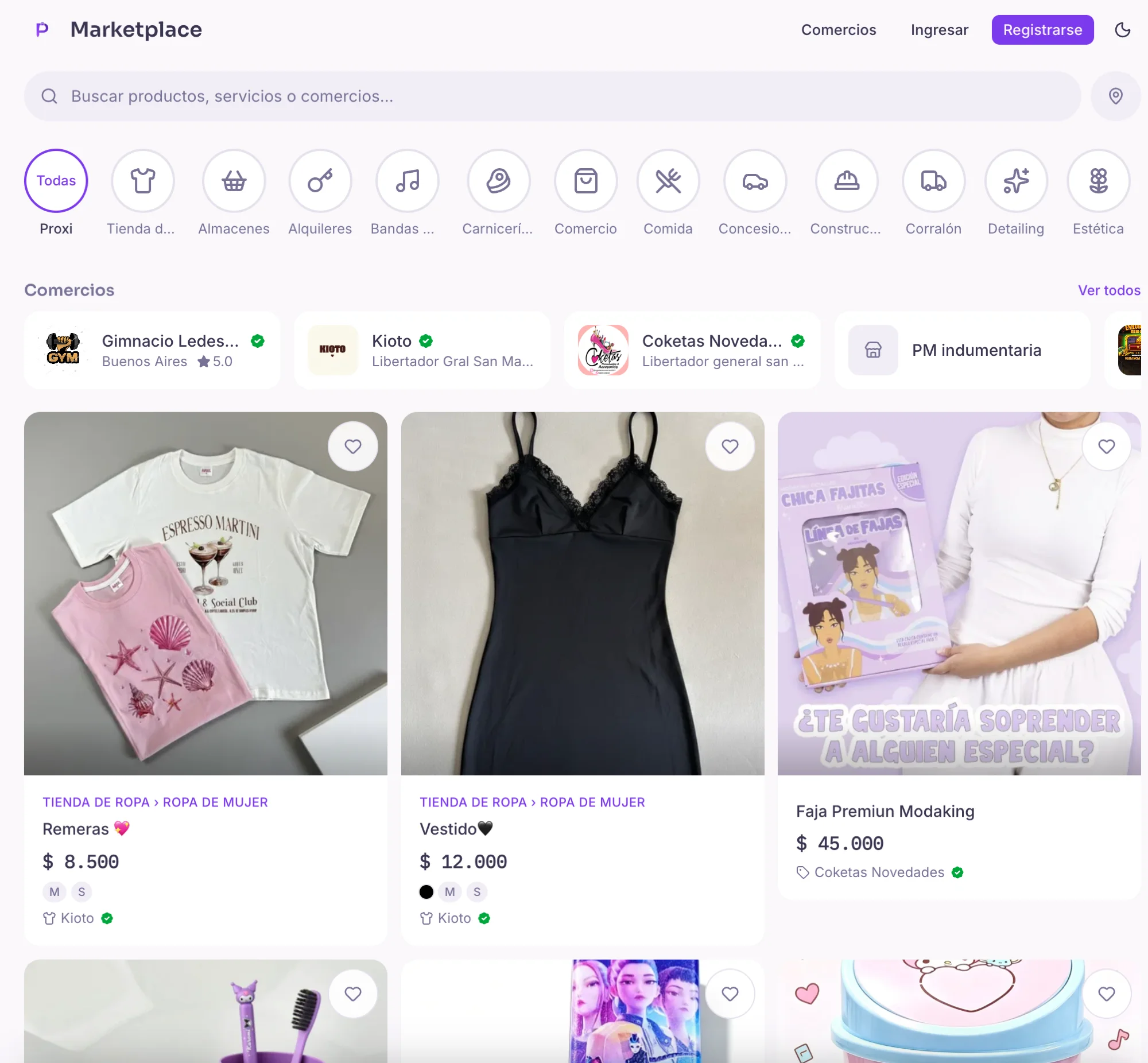 Feed público de Proxi Marketplace, con comercios cercanos organizados por categoría