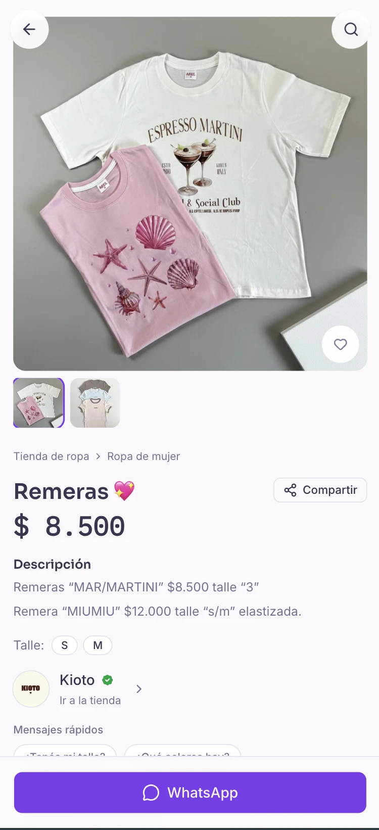 Ficha de producto en Proxi, con foto, precio, descripción y talles disponibles